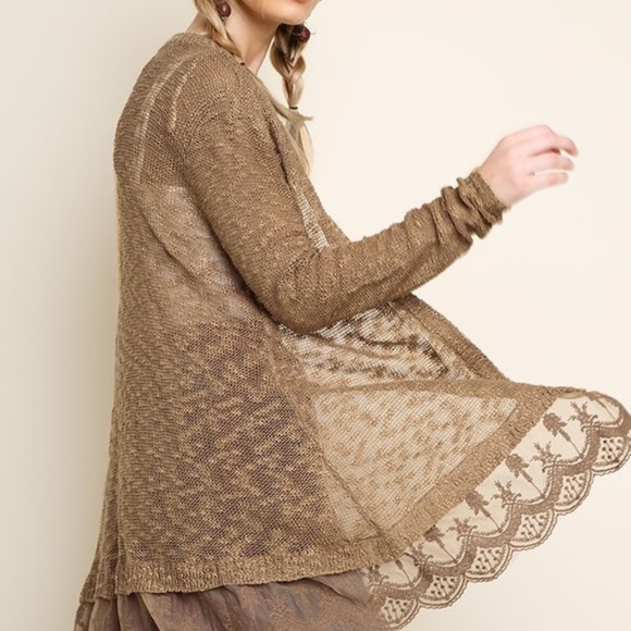 Umgee Sweaters - Umgee Open Front Lace Hem Cardigan L